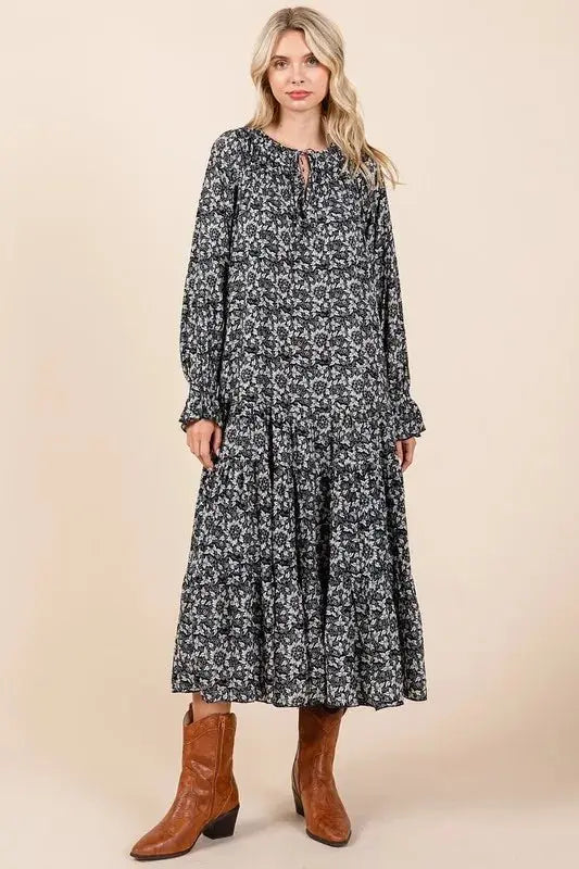 Mittoshop Printed Tie Neck Flounce Sleeve Midi Dress for Women - Love Salve